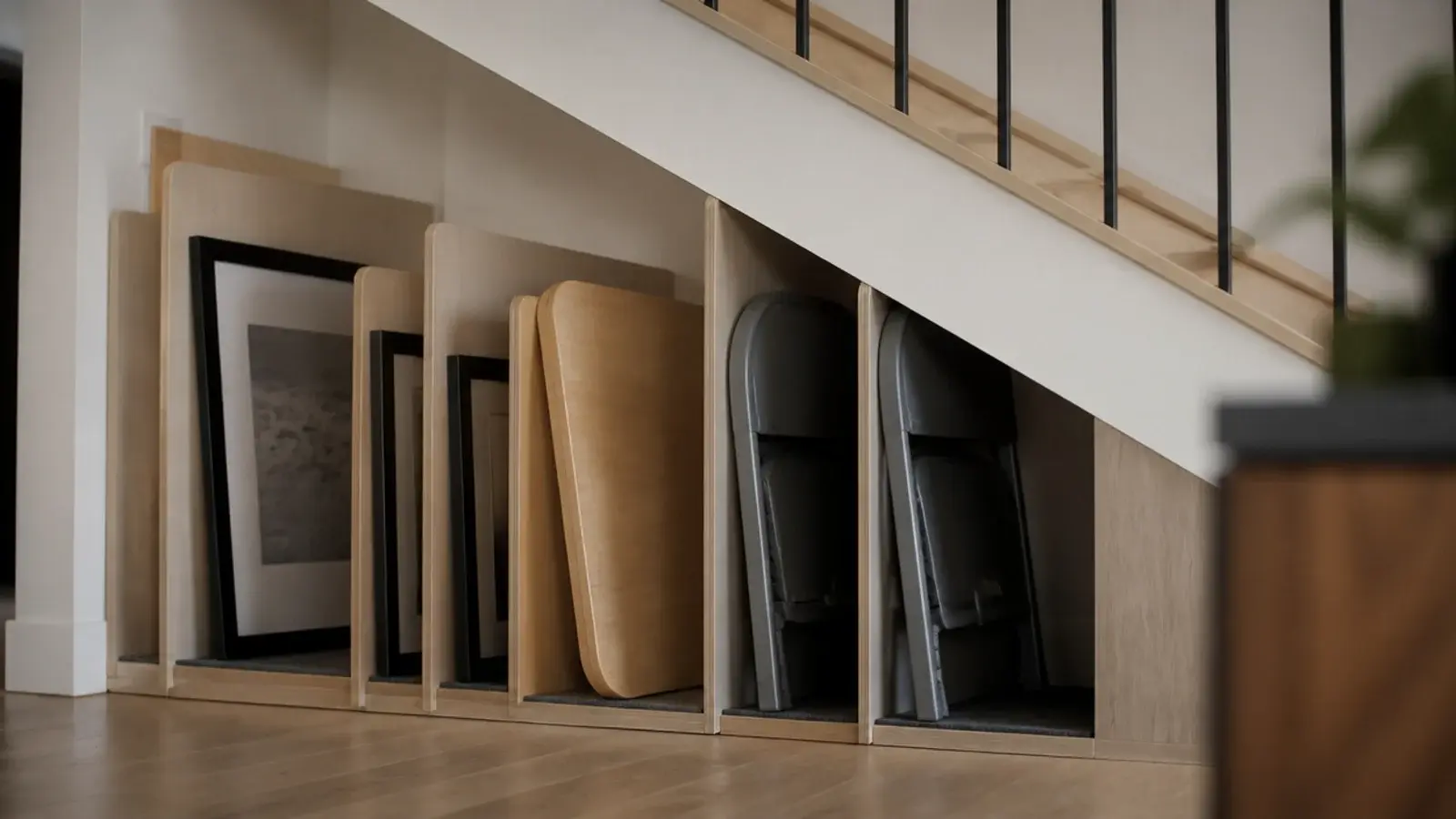 framed art and folding chairs stored upright in plywood slots