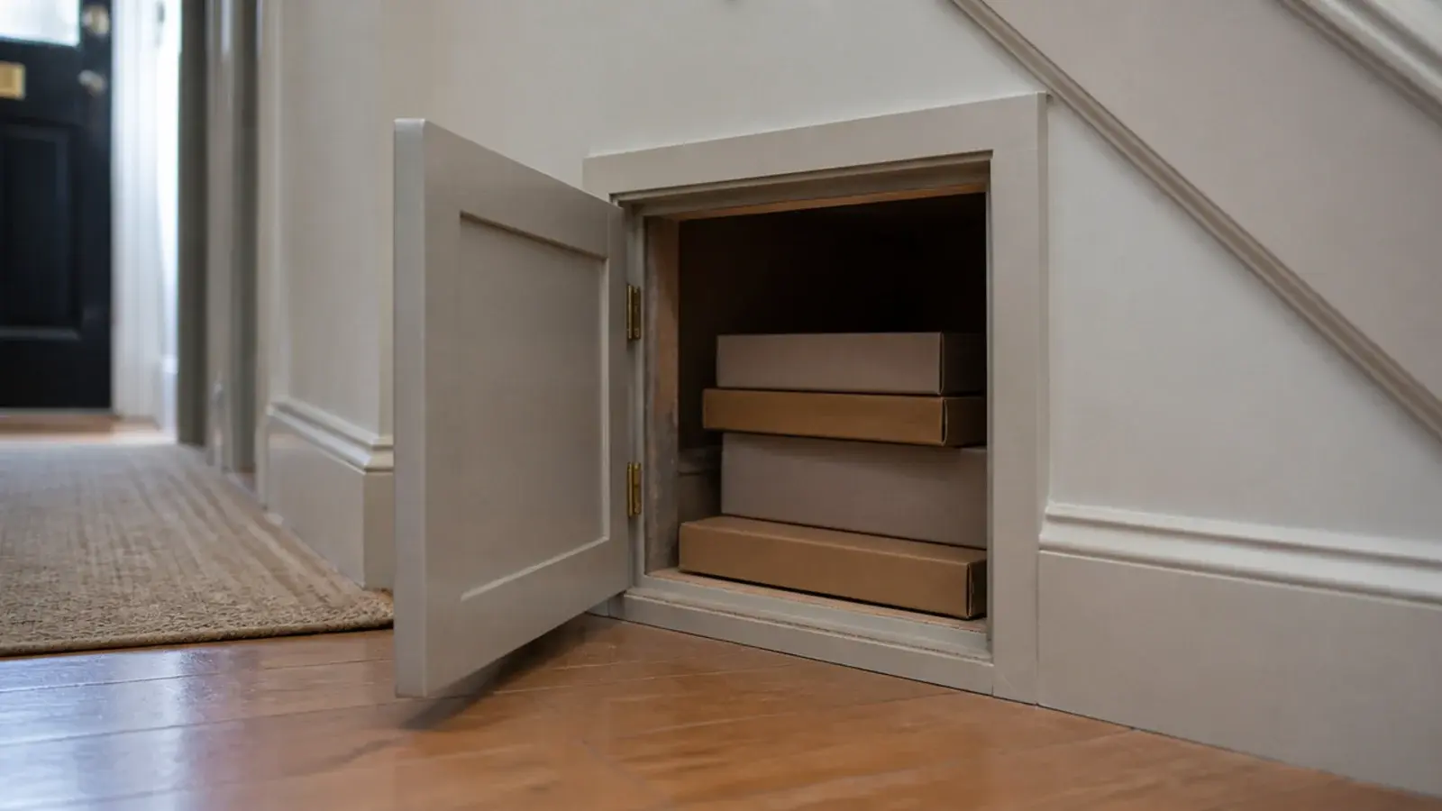 side hinged access hatch open on a low under stairs storage bay