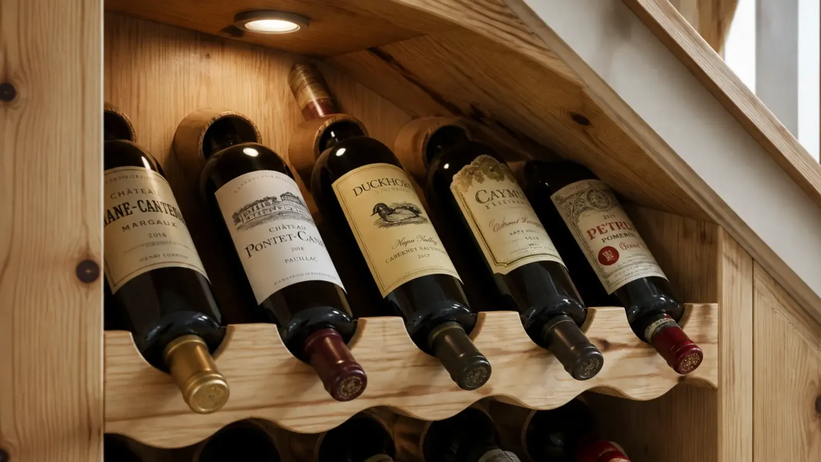 scalloped timber wine rack with bottle necks projecting forward