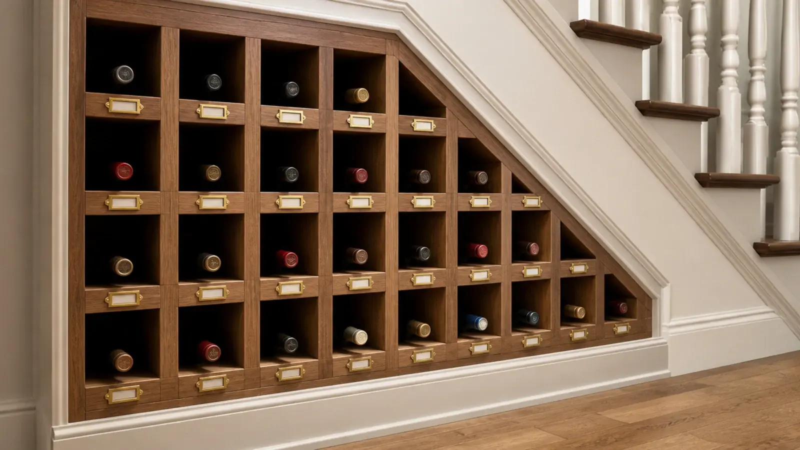 square timber cubbies swallowing wine bottles completely under stairs