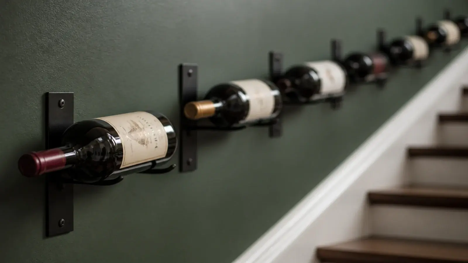 metal peg wine rack holding bottles against a staircase side wall