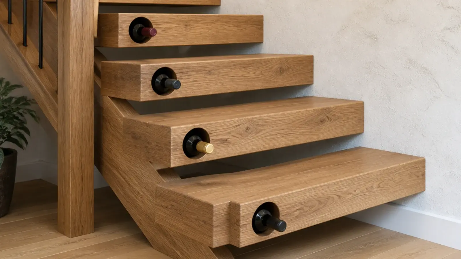 bottle slots cut into the exposed end grain of open stair treads