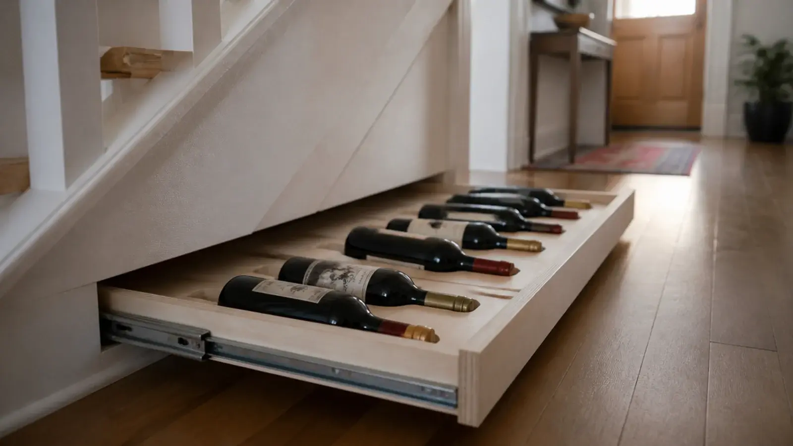 shallow drawer of wine bottles pulled out from under a staircase