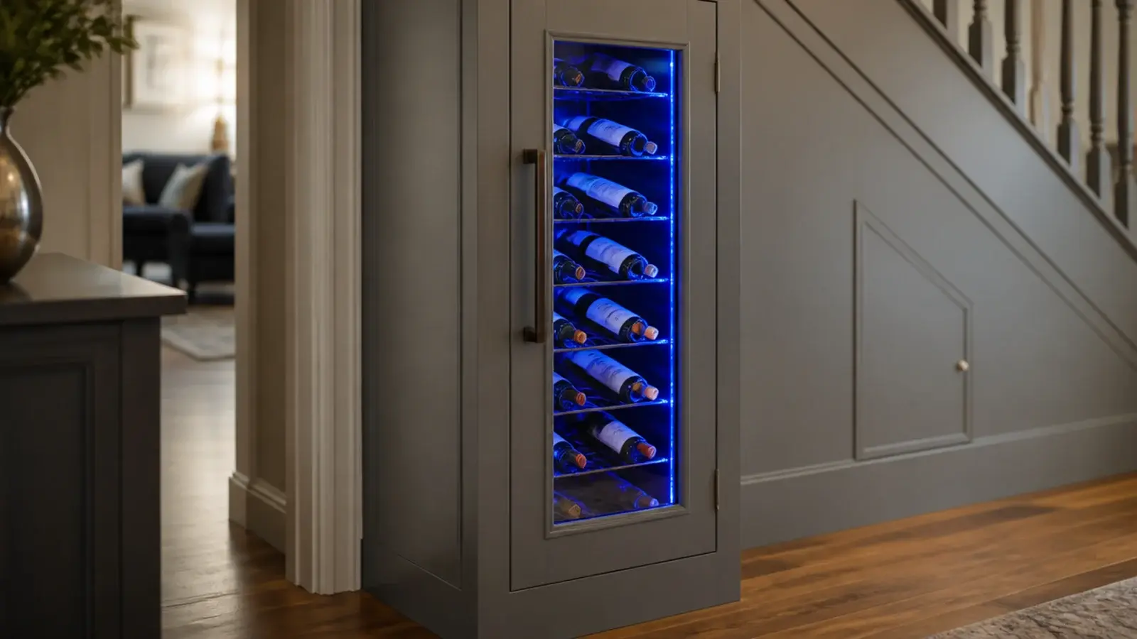 glass fronted wine cabinet built into the tall end of a staircase