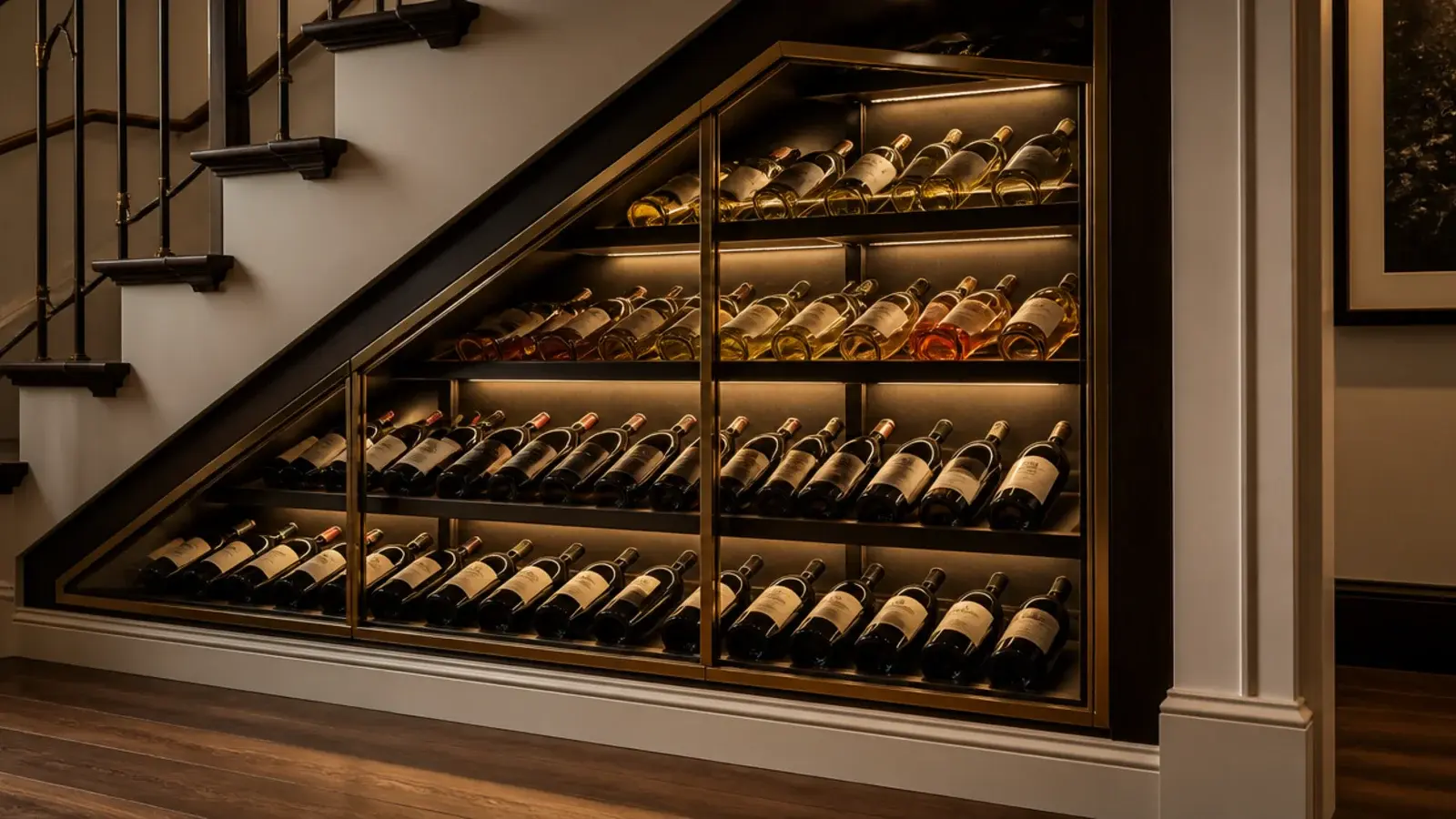 wine bottles glowing against a backlit panel beneath a staircase