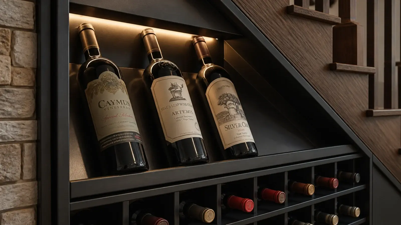 single row of angled bottles displayed label forward under stairs