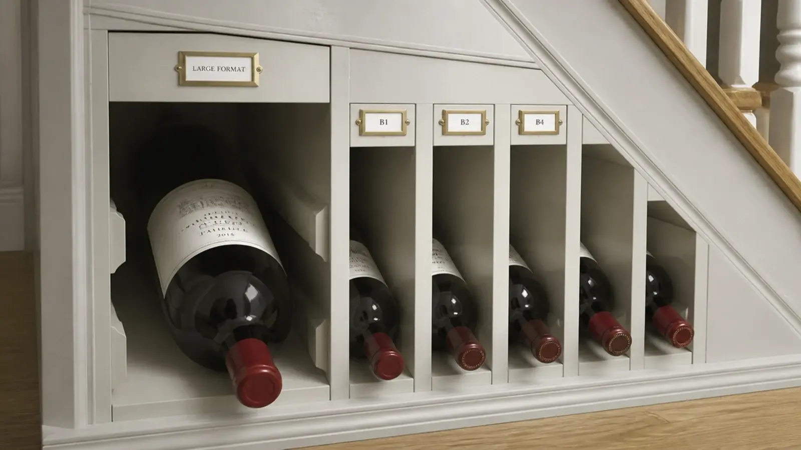 oversized bottle resting in a wider slot within a wine rack