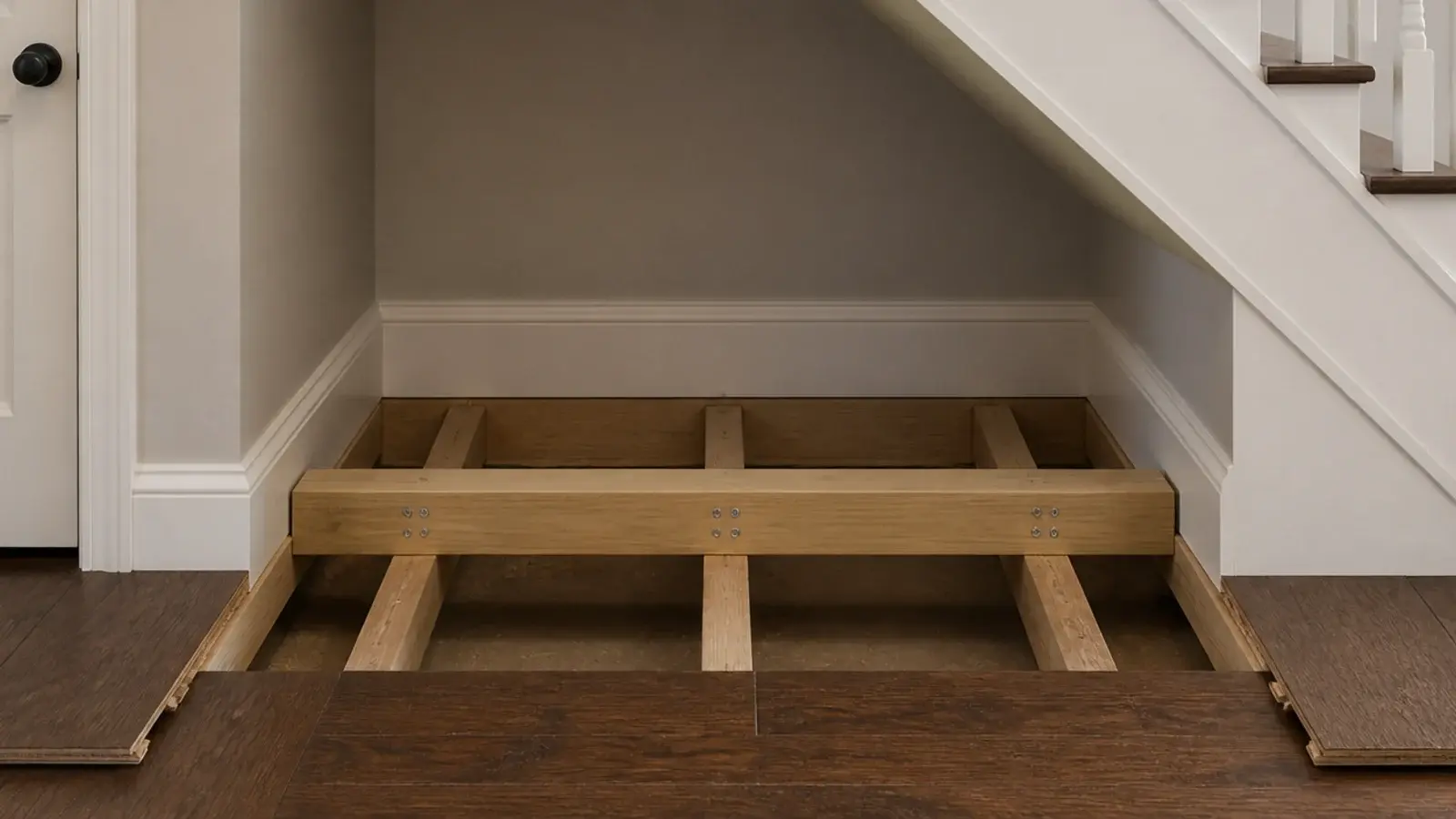 timber bearer plate spreading a wine rack load across floor joists