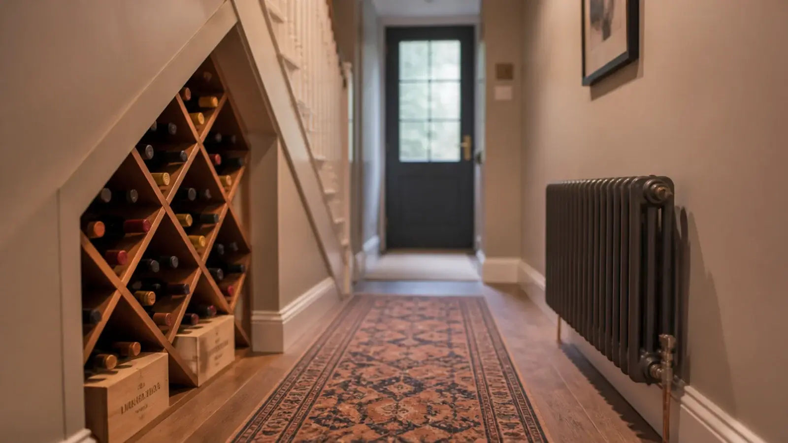 wine racking positioned well away from a hallway radiator under stairs