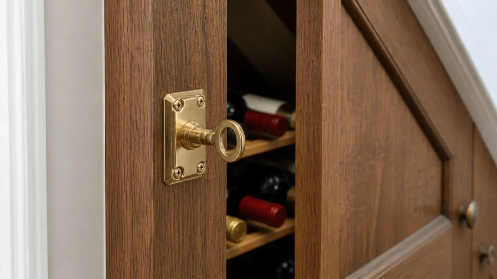 small brass lock fitted to a wine cupboard door under a staircase