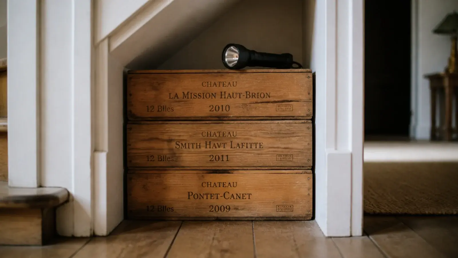 sealed wooden wine cases stacked flat in a low stair recess
