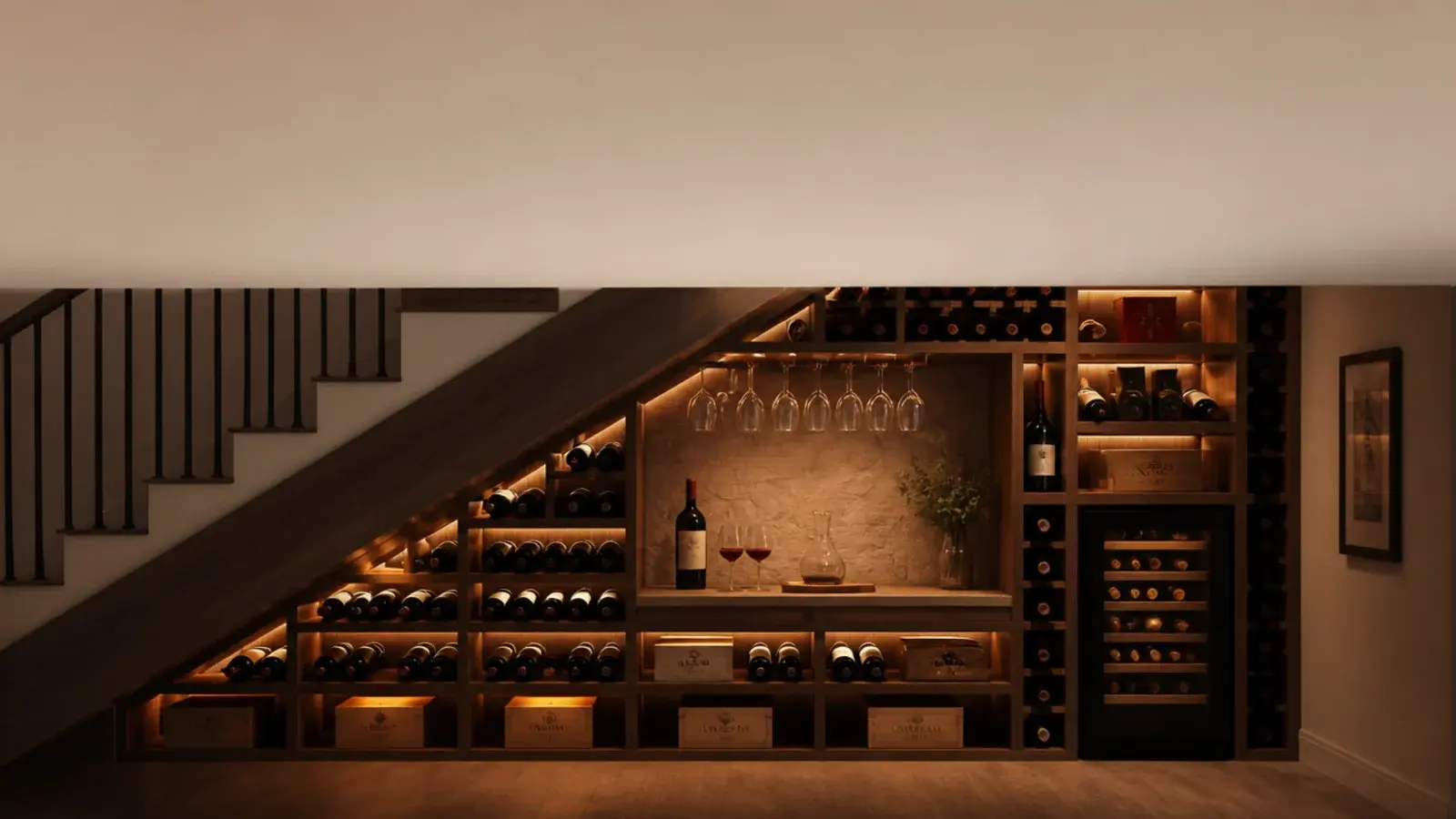 tall view of under stairs wine storage with racks bottles and lit shelving