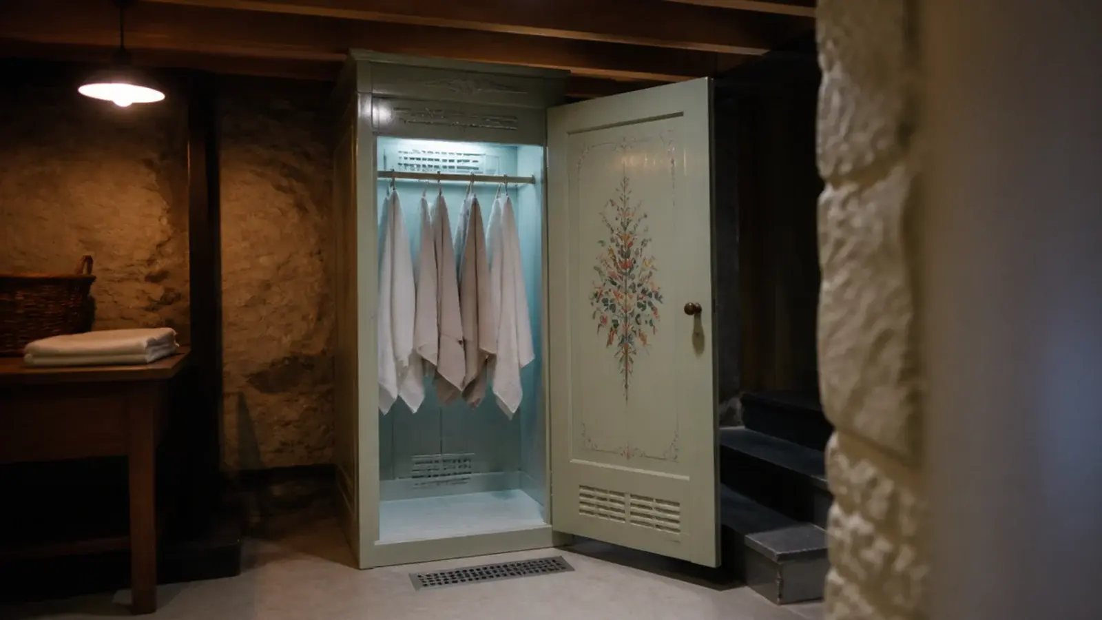 drying cupboard in a cellar with grilles at floor and ceiling level