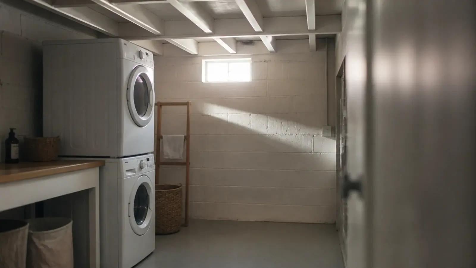 bright basement utility room with painted joists and a stacked laundry pair