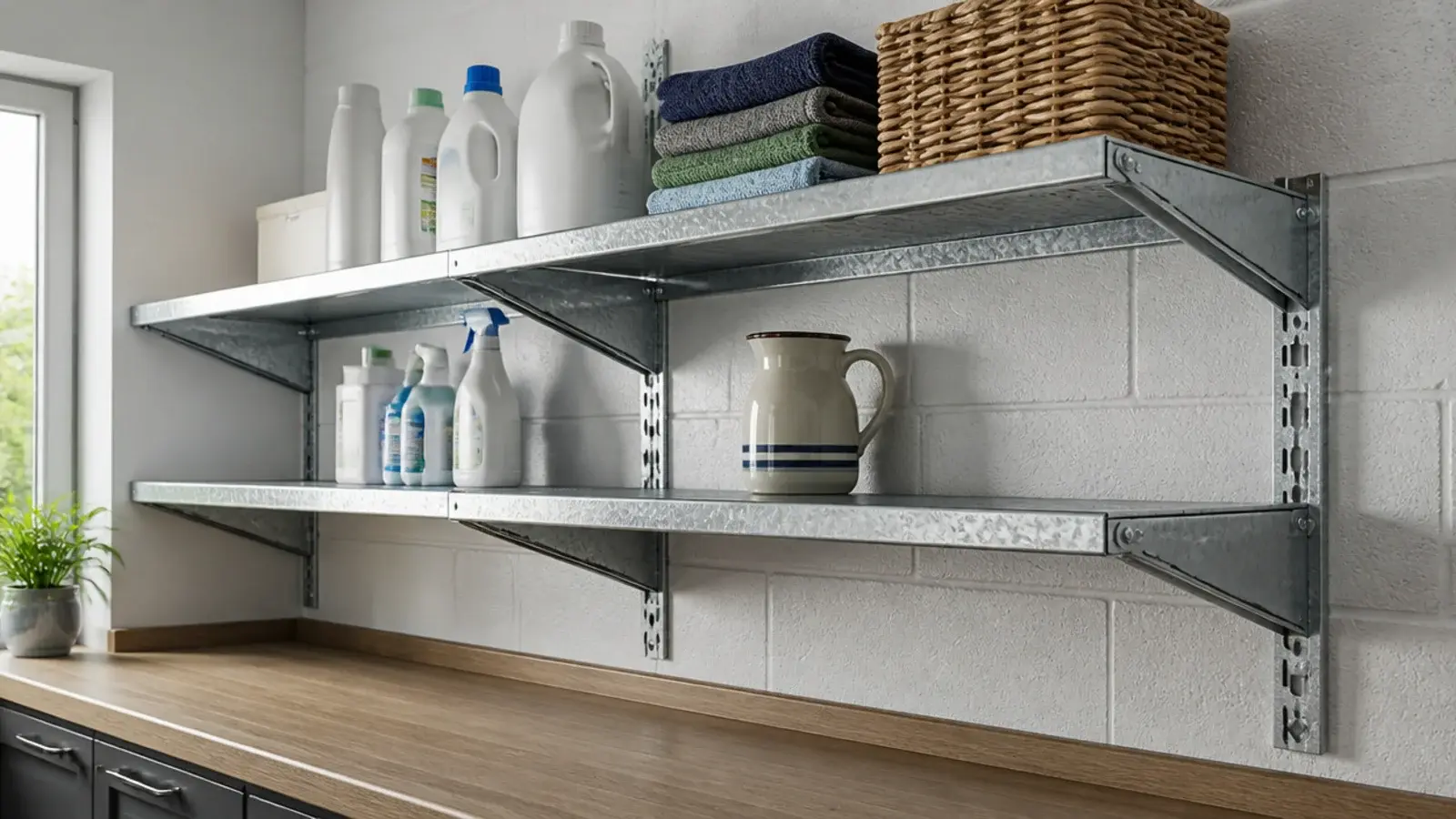open steel shelving stacked with detergent bottles above a garage worktop