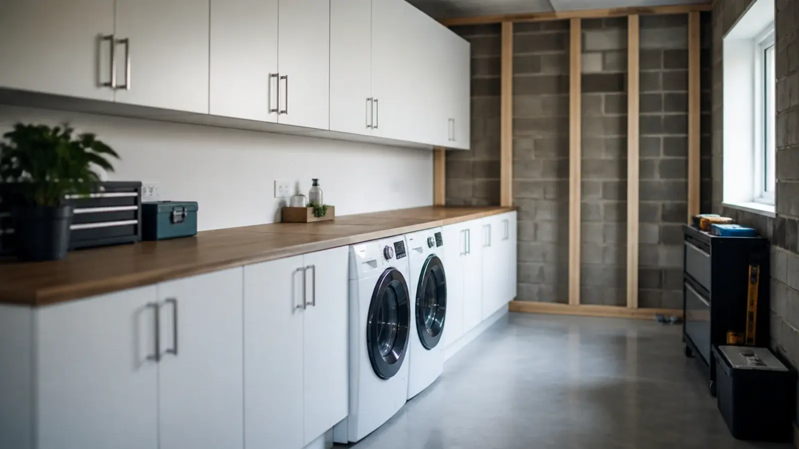 converted single bay garage utility room with stacked machines and timber framing