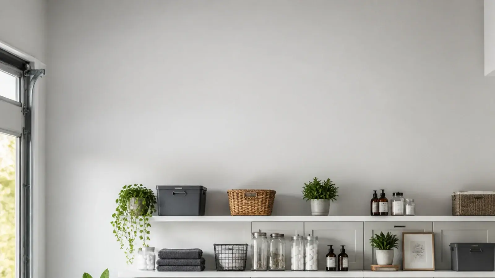 vertical planning image of a converted garage utility room cabinet run