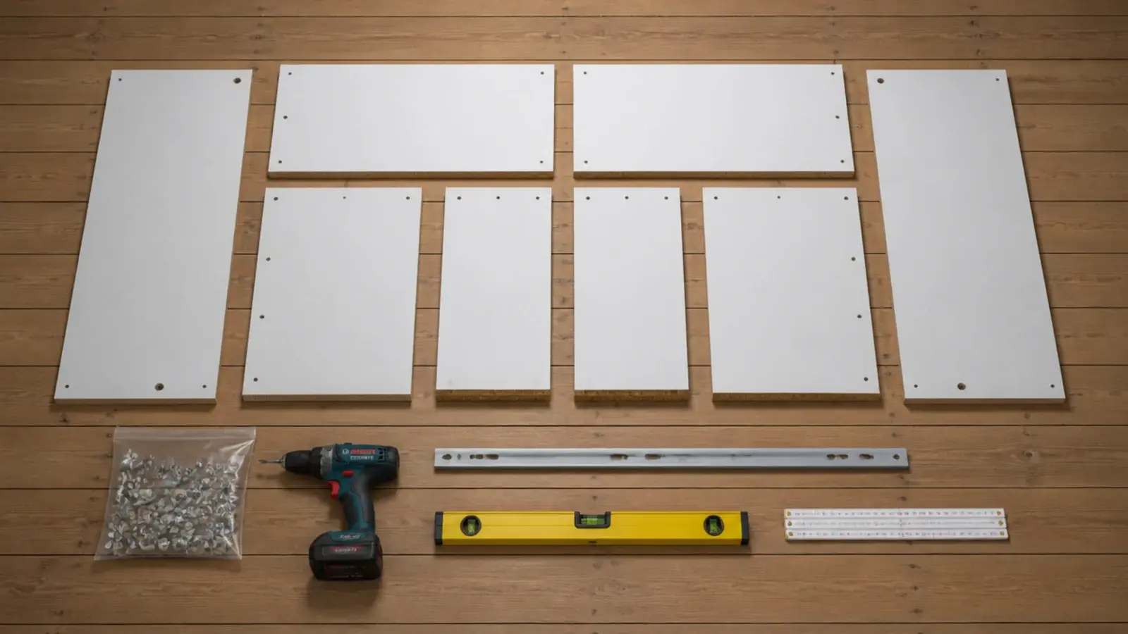 flat pack cabinet parts fixings and tools laid out on a bare floor