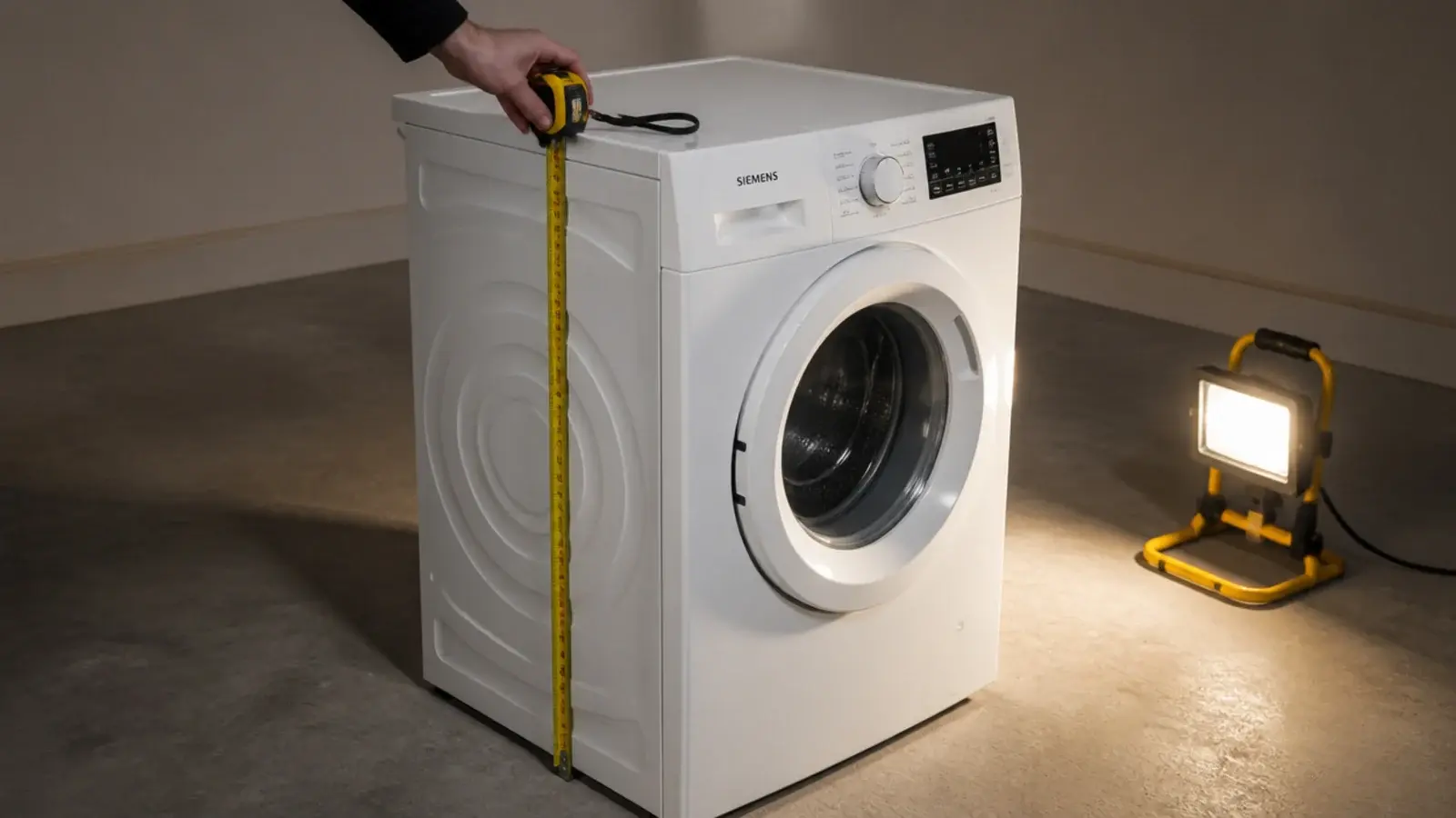 tape measure held against the top edge of a freestanding washing machine