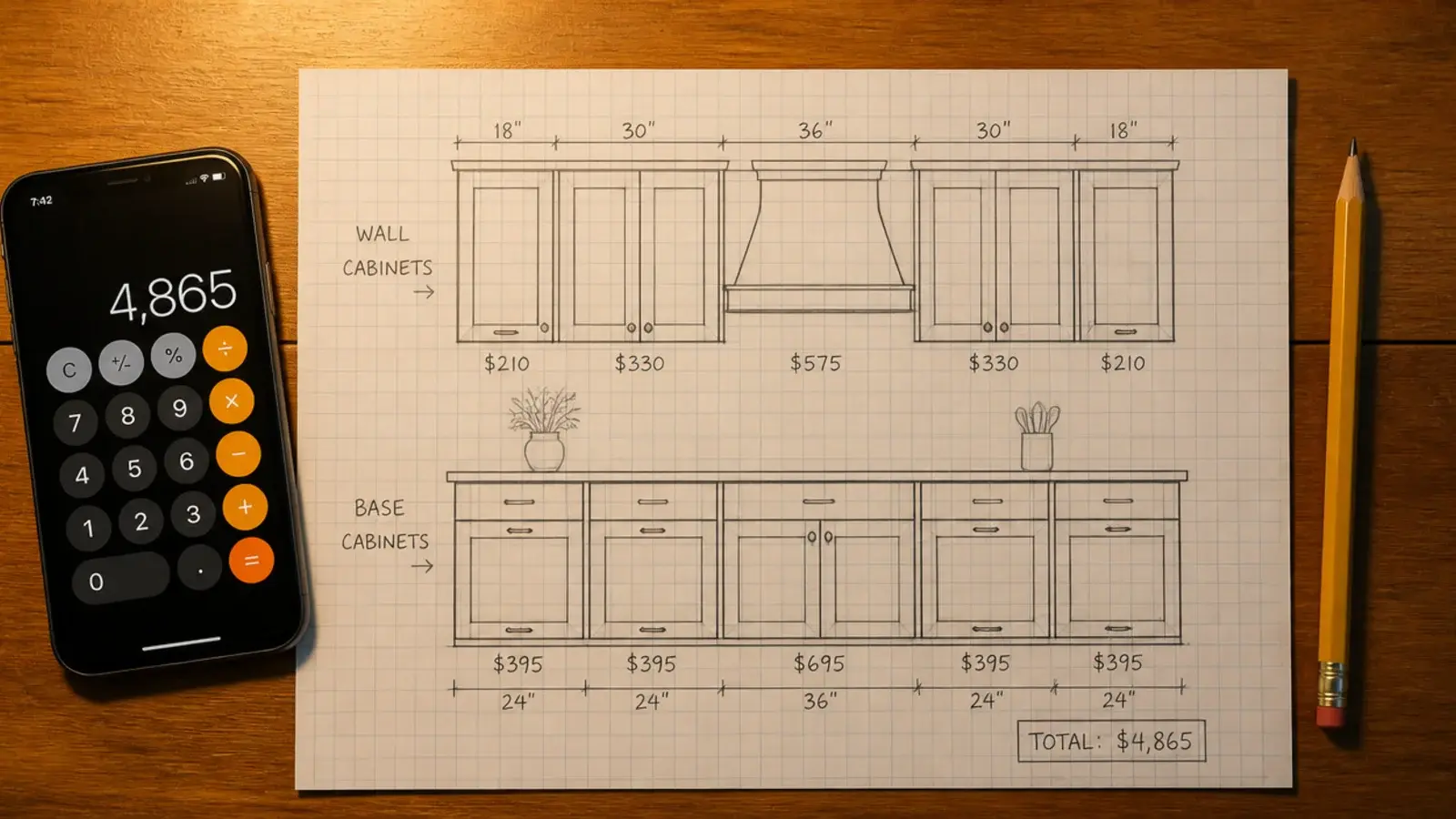 graph paper cabinet plan with prices written beside each unit