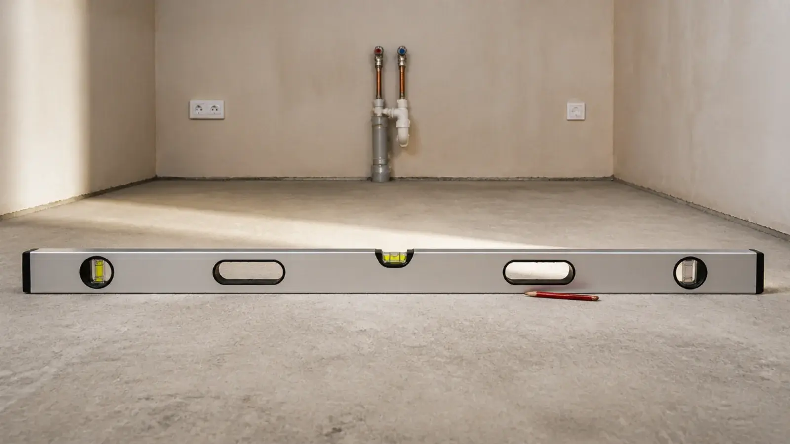 long spirit level laid across a bare utility floor showing a fall
