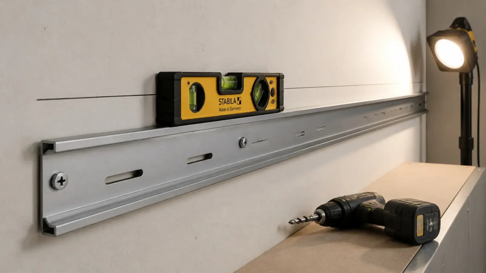 metal suspension rail screwed level along a utility wall with a level on it
