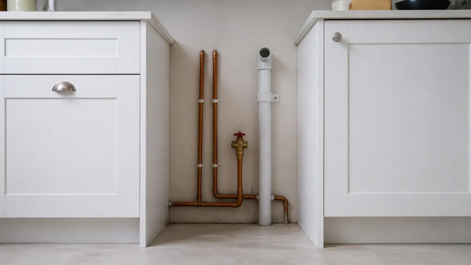 open cabinet gap left for a washing machine with pipework visible behind