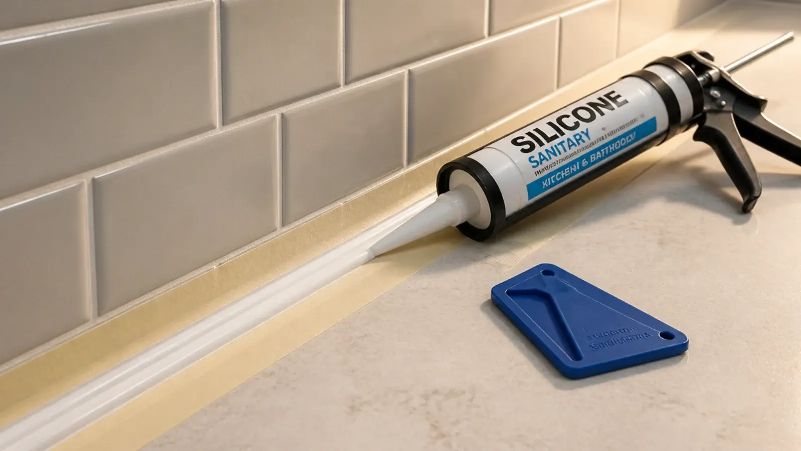 silicone bead being run along the back joint of a fitted worktop