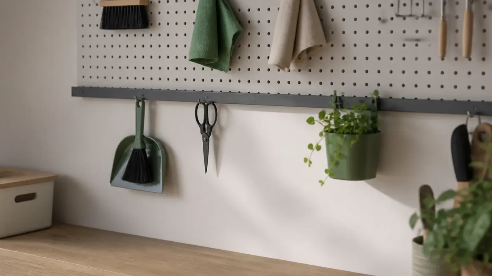 pegboard and hanging rail fitted above a finished utility worktop