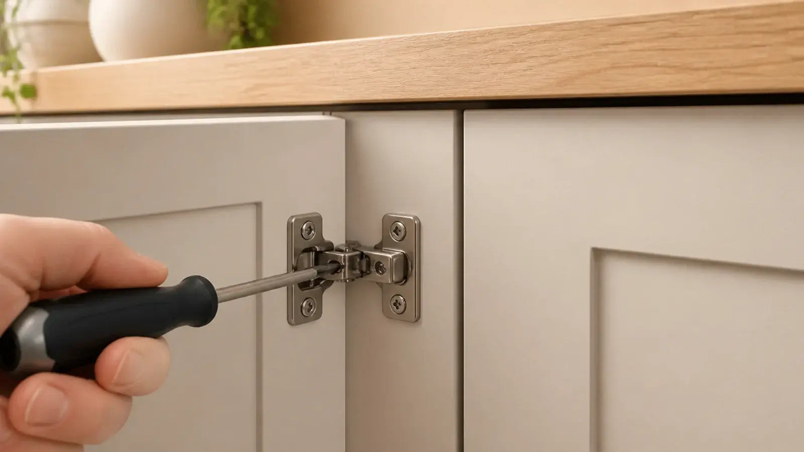 cabinet door being adjusted on its hinge to align with the run