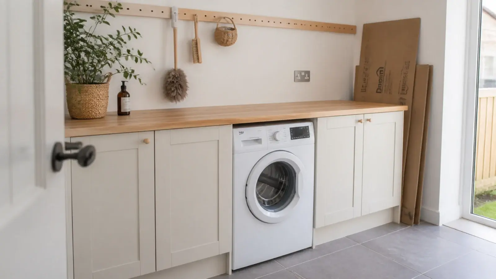 flat pack ikea utility room build with pale cabinets and a timber worktop