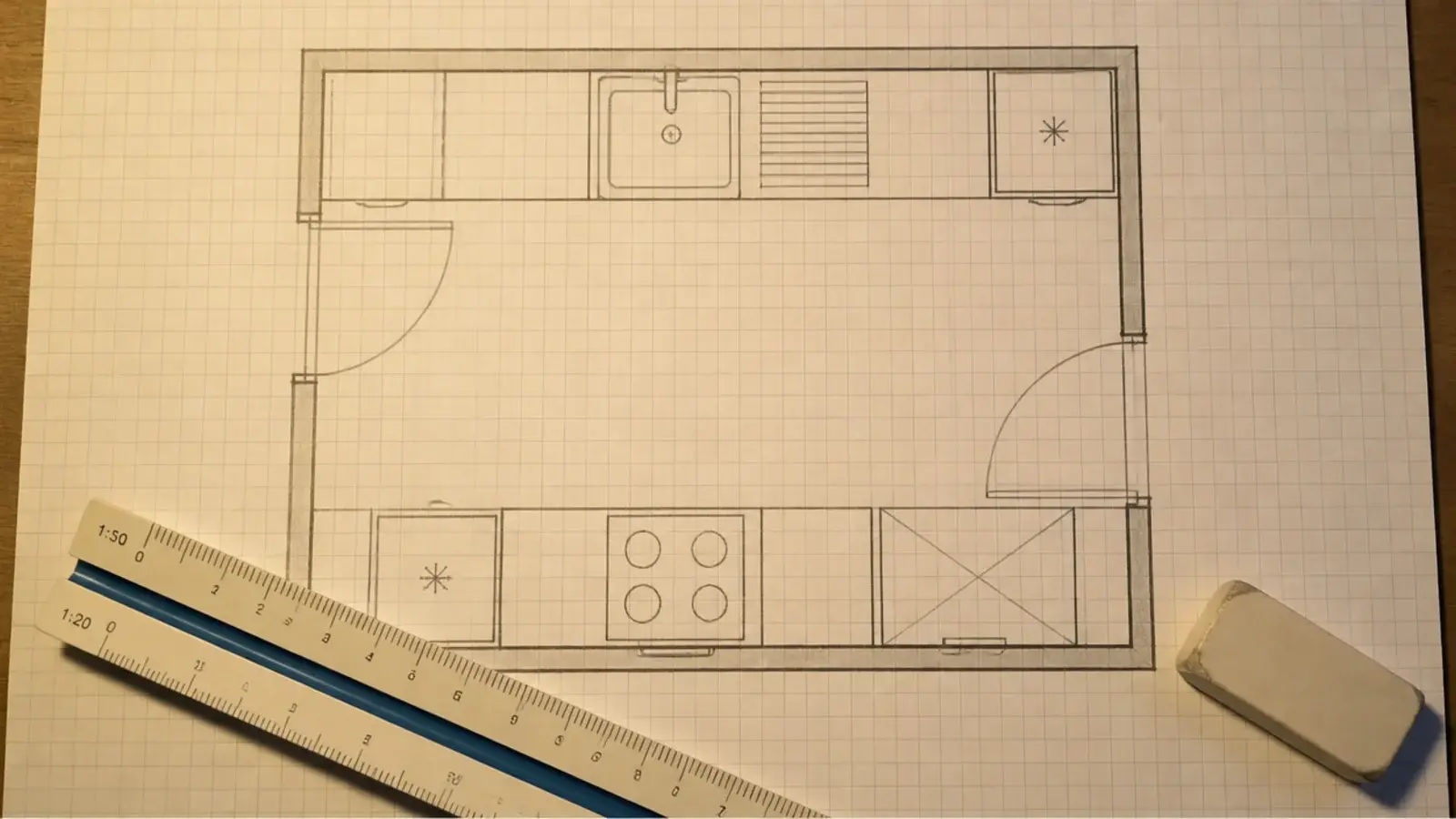 scale floor plan of a spacious utility room with door arcs drawn in