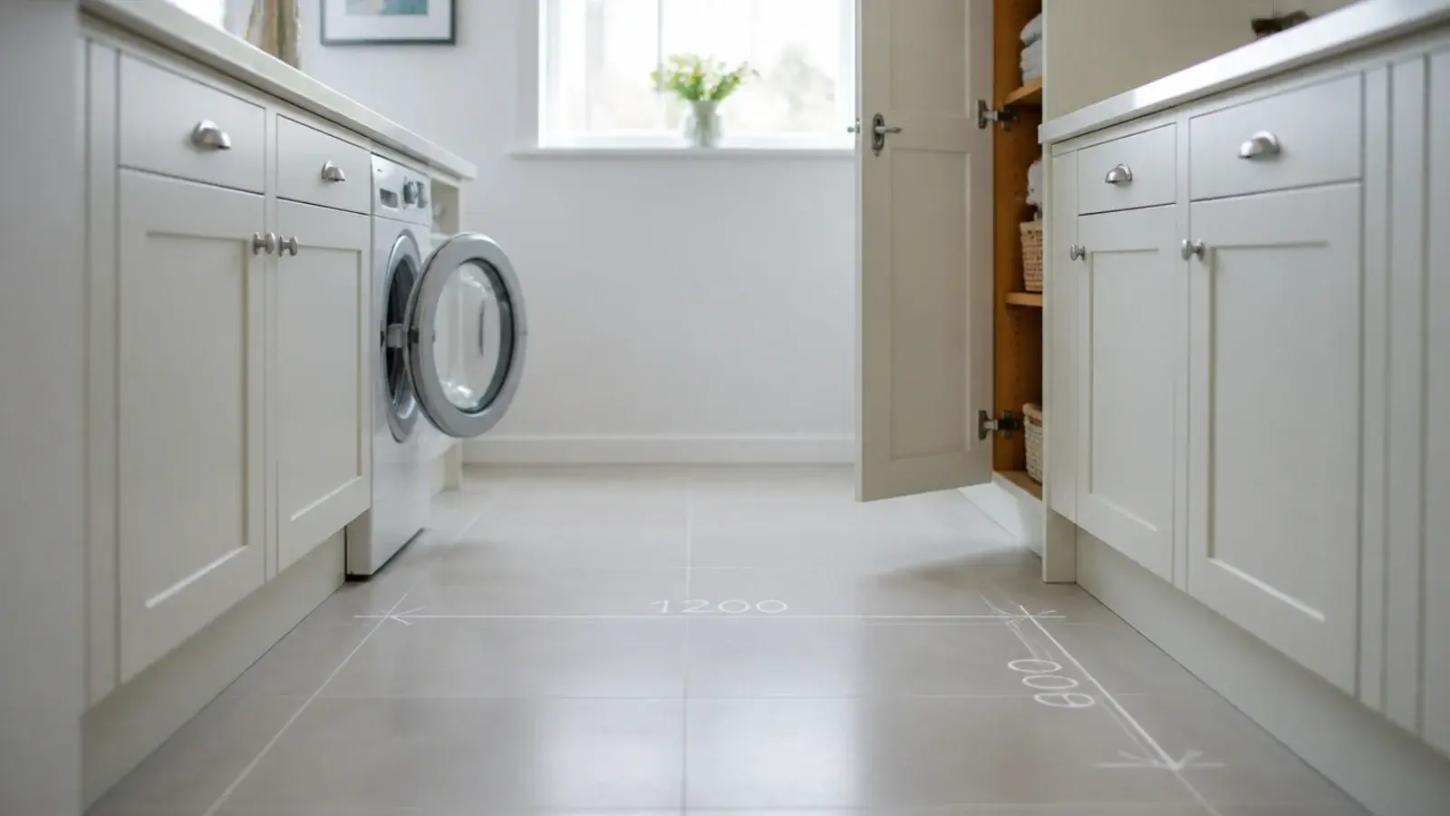 wide clear aisle between two facing cabinet runs with doors open