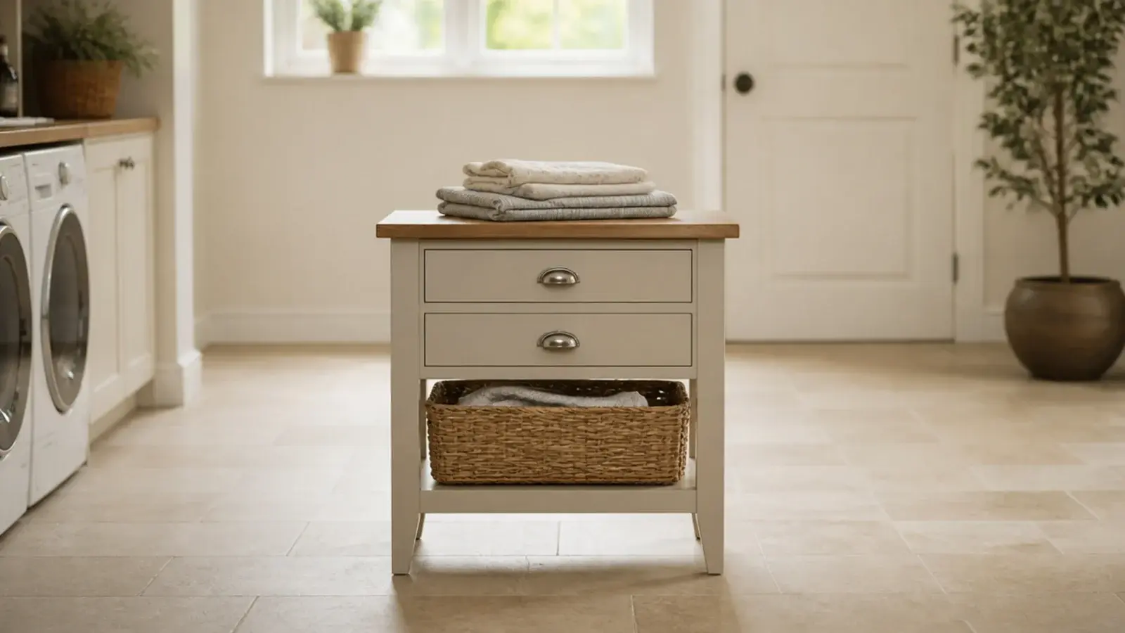 compact utility island with drawers standing clear of both wall runs