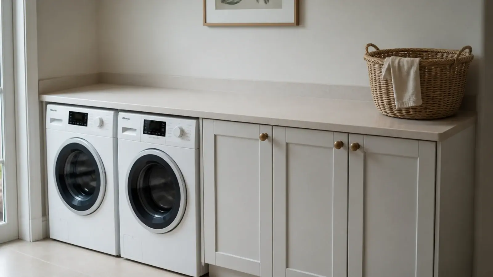 unbroken worktop running the length of a wall above two machines