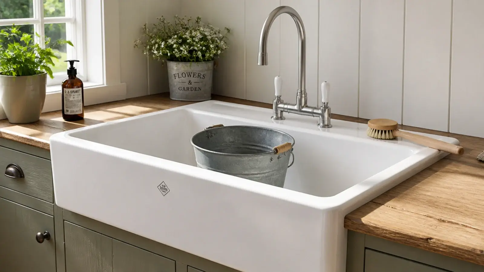 deep fireclay utility sink set into a worktop beside a bucket