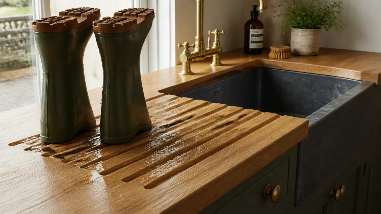 grooved timber drainer beside a utility sink holding washed boots
