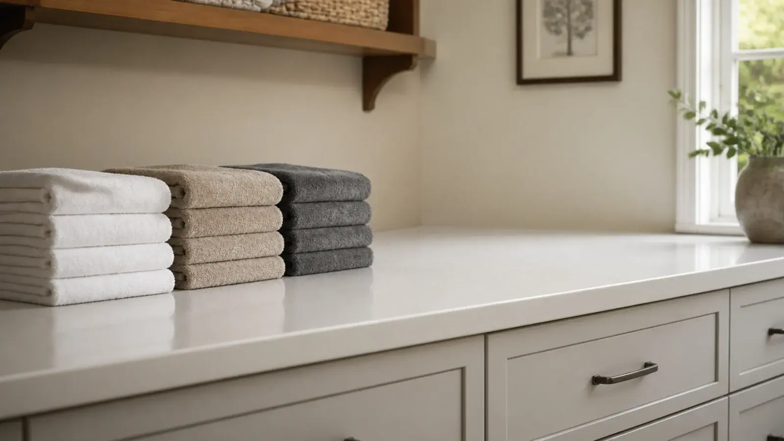 empty counter height folding surface with sorted linen stacked beside