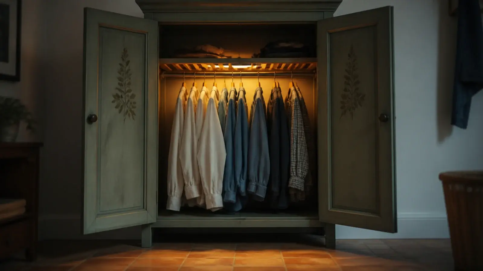 tall drying cupboard standing open with damp shirts on a rail
