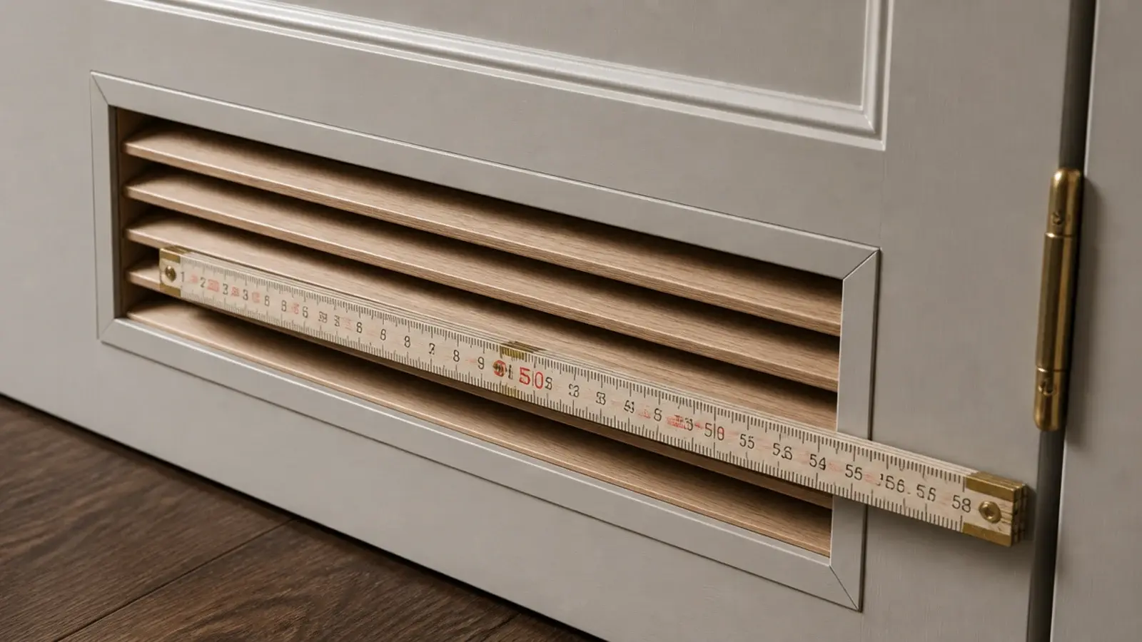 louvred timber grille set low in a painted cupboard door frame