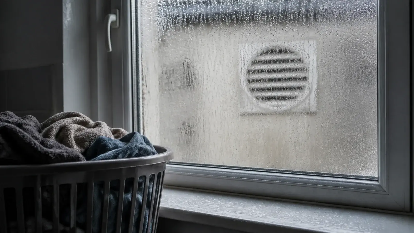condensation beading on a utility window beside a wet laundry load