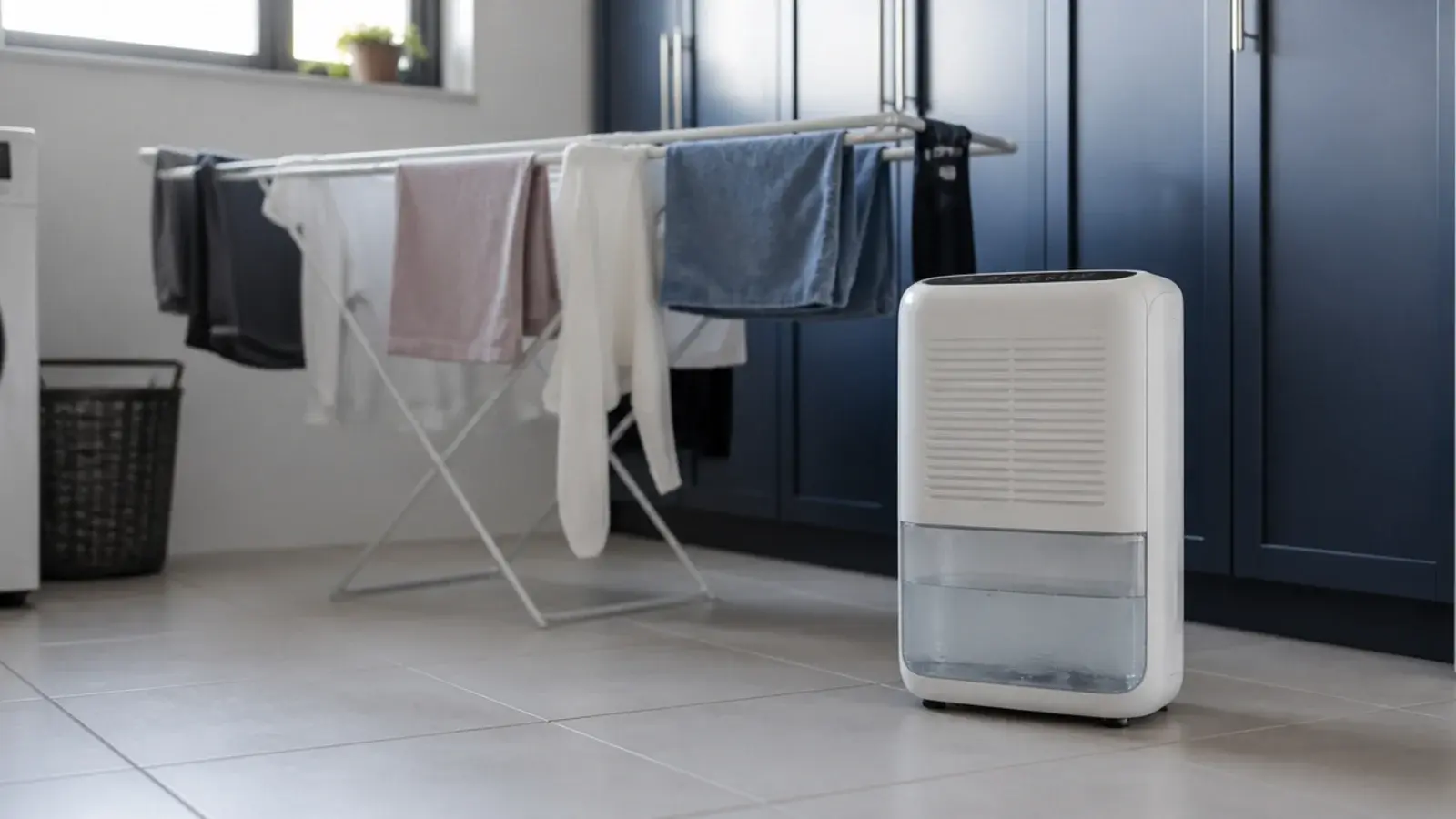 portable dehumidifier running beside a loaded airer in a utility