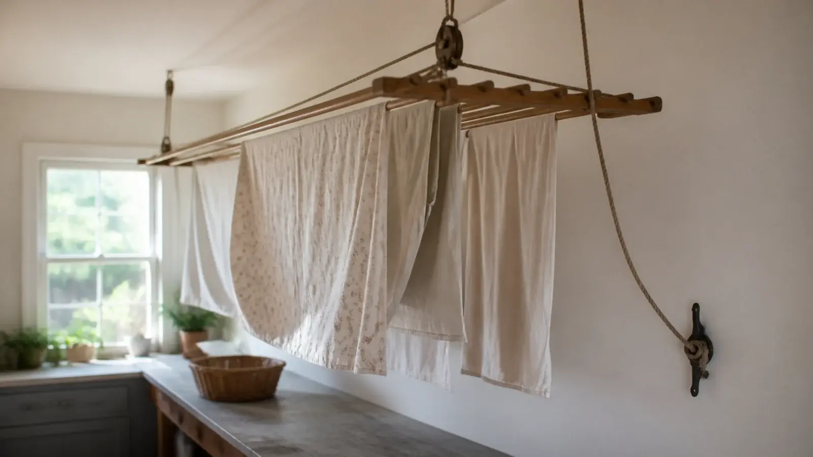 four lath pulley airer raised high above a spacious utility worktop