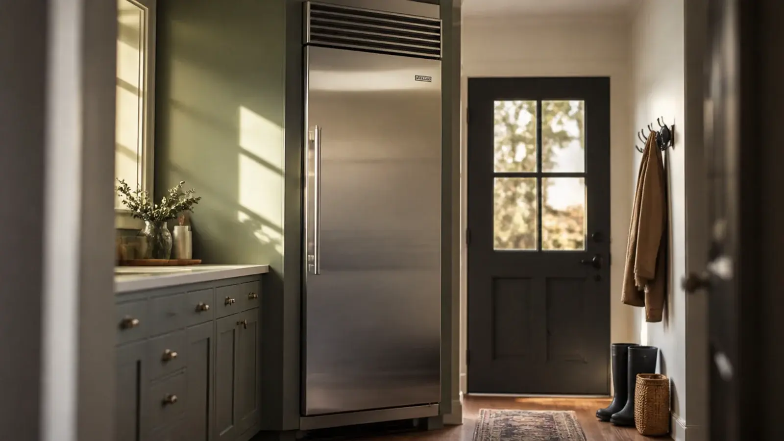 tall freezer standing at the end of a utility cabinet run