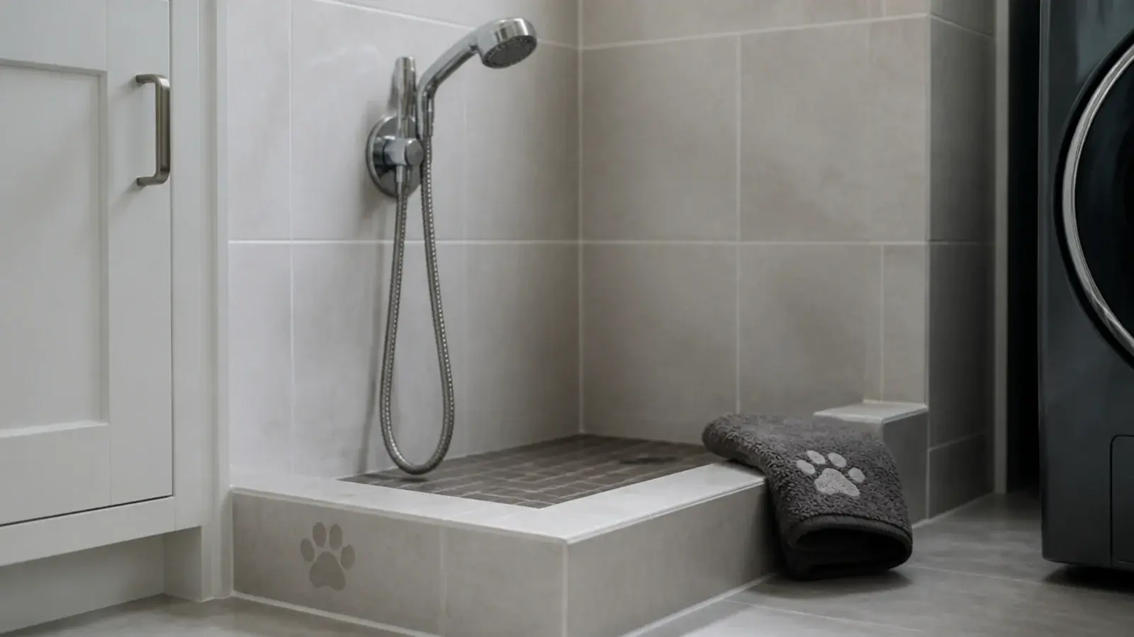 tiled low dog shower with a handheld spray and low upstand