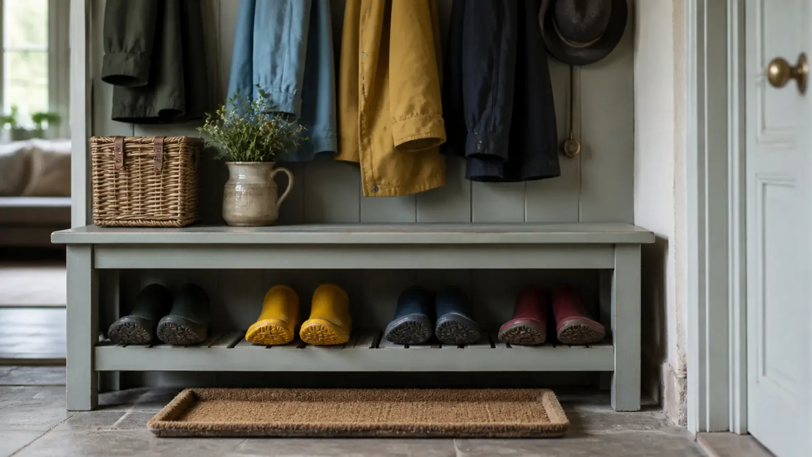 slatted boot shelves under a bench seat with wellingtons drying
