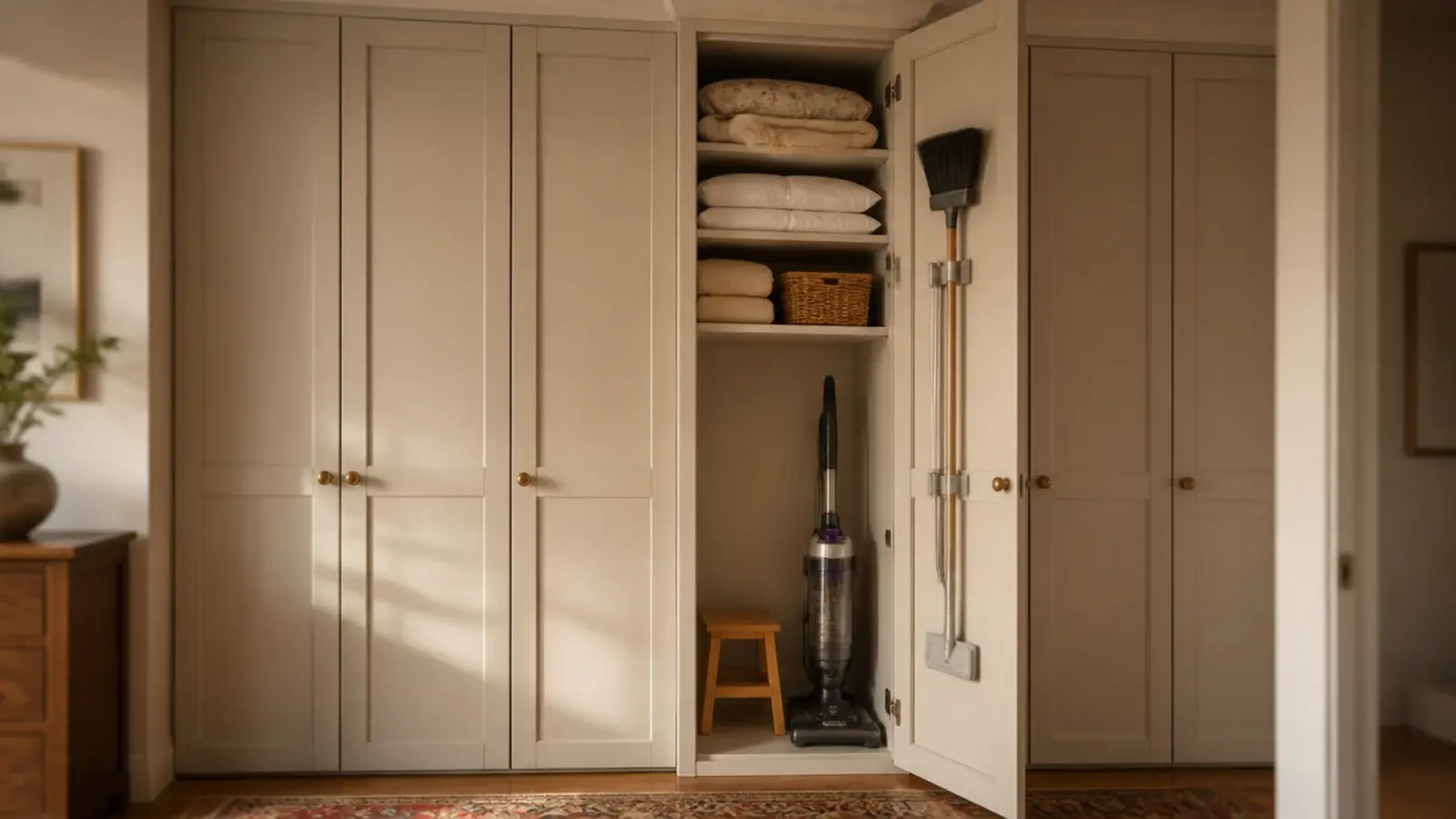 narrow full height bay holding an upright vacuum broom and flat mop
