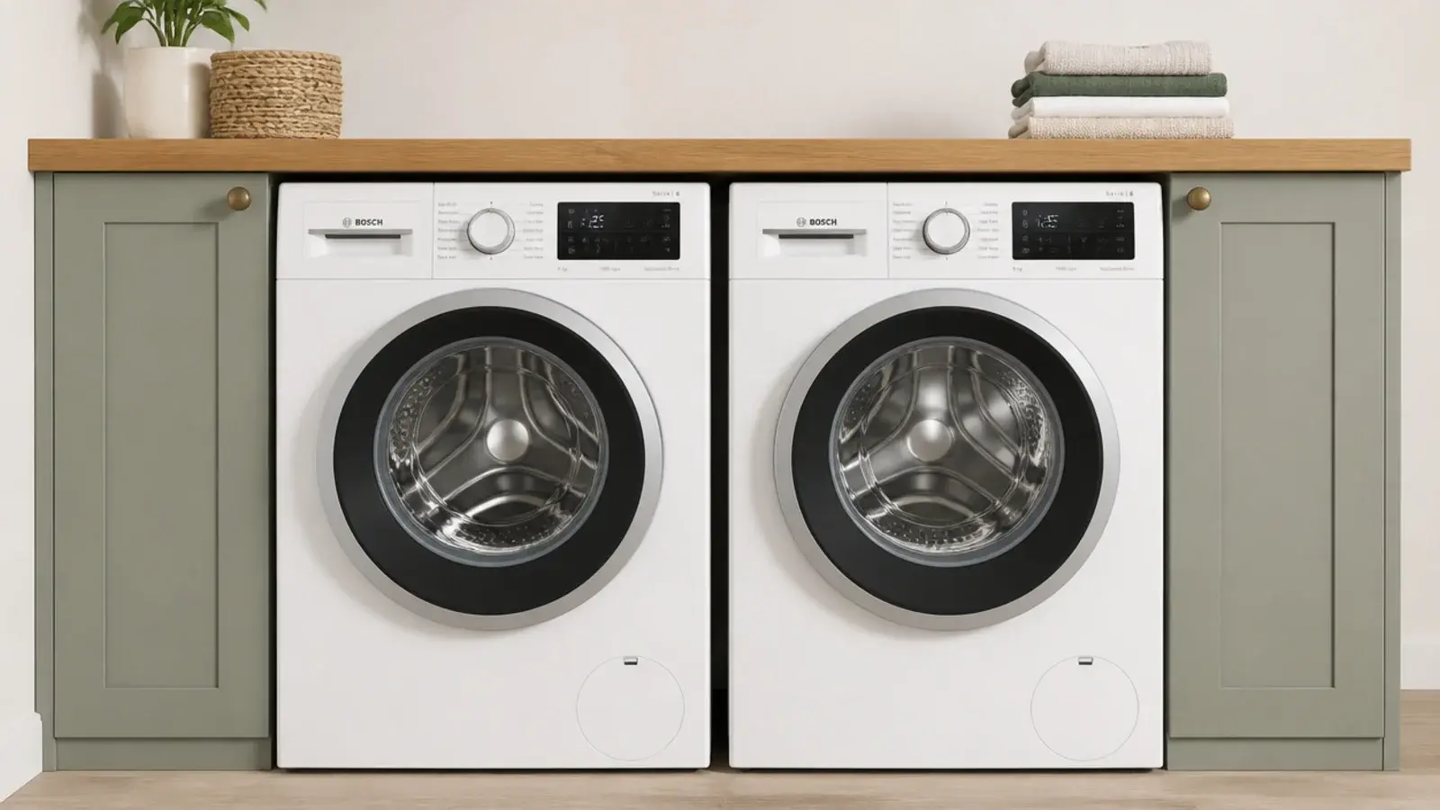 washer and dryer side by side beneath one continuous worktop