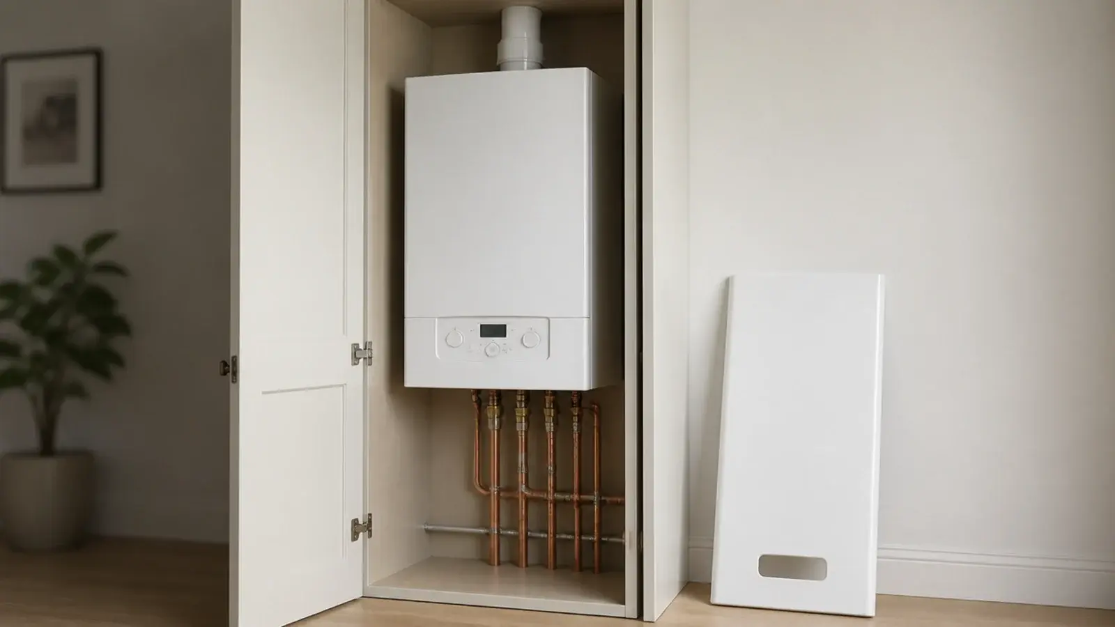 wall boiler inside a cupboard with clear space around the casing