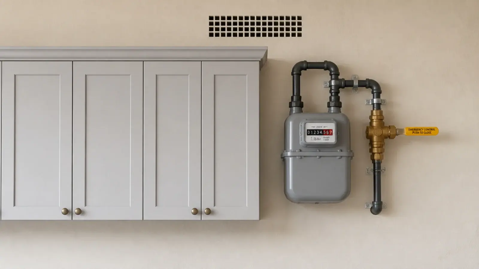 gas meter left open on a wall beside a run of cabinetry
